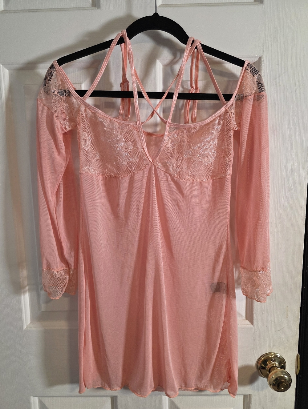 Elegant Moments Cold Shoulder Sheer Pink Lace Chemise with Strap Accent Size L